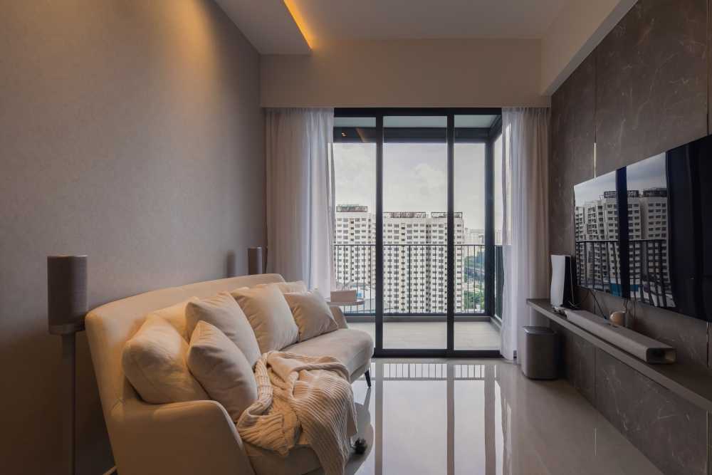 Contemporary Living Room with TV Console and Feature Wall
