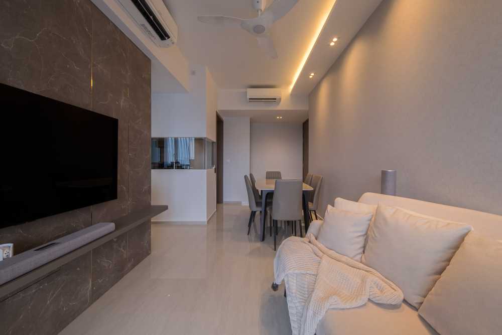 Contemporary Living Room with Homogeneous Tiles and TV Console