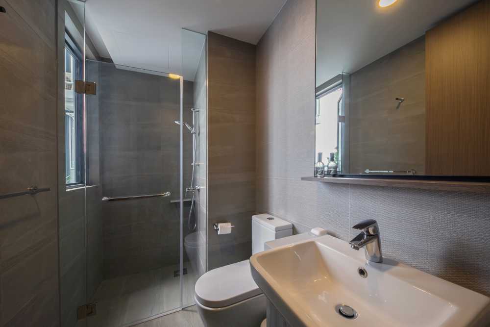 Contemporary Bathroom with Bathroom Storage and Showers