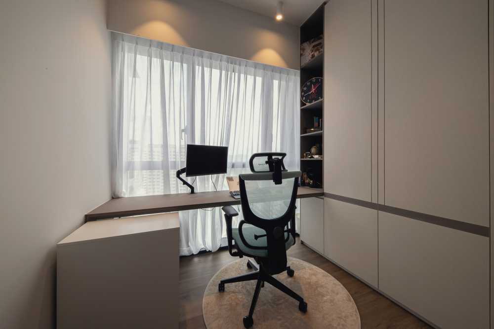 Contemporary Home Office with Wallpaper and Small Storage