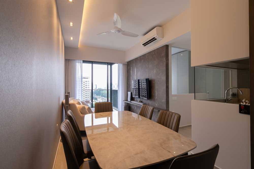 Contemporary Dining Room with TV Console and Feature Wall