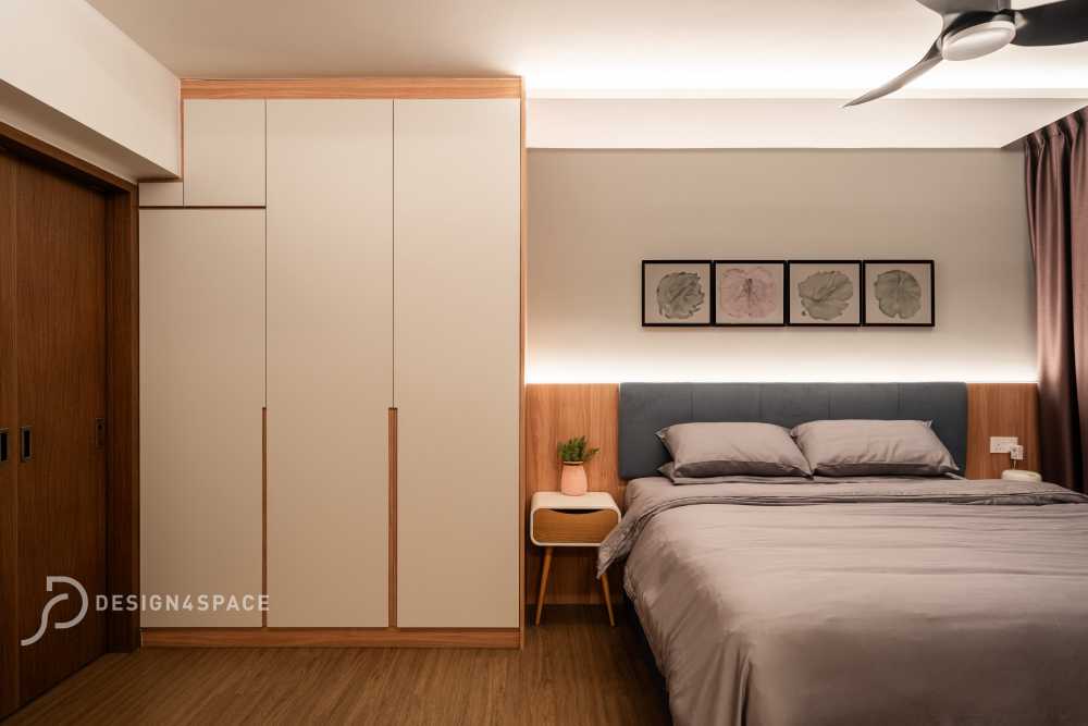 Contemporary Bedroom with Homogeneous Tiles and Wood Flooring