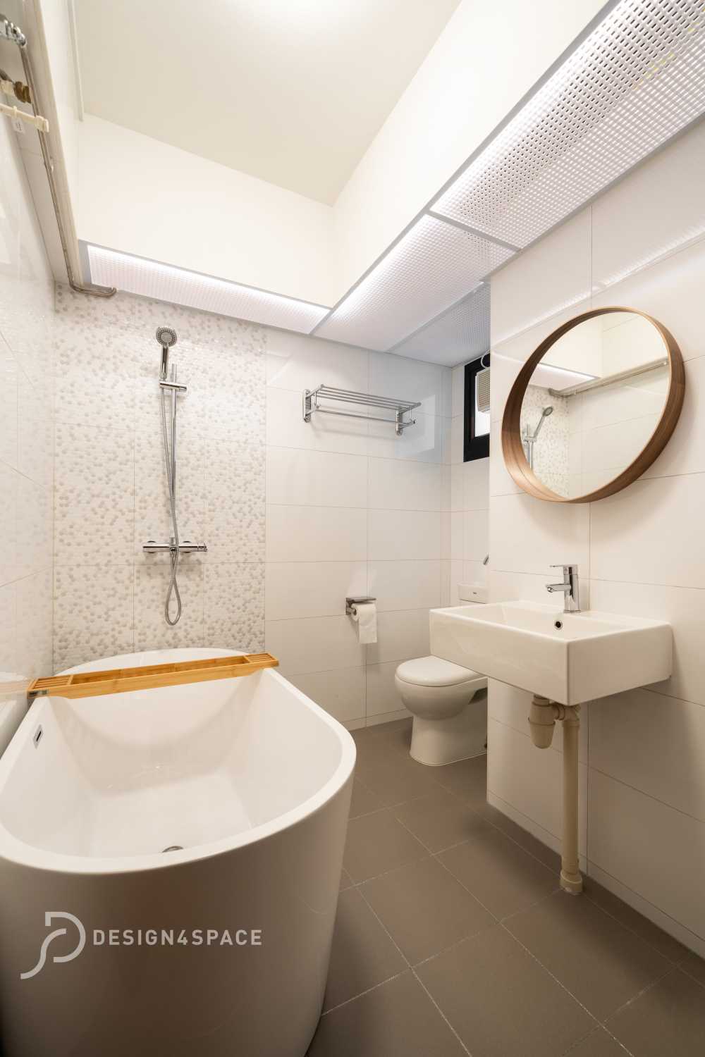 Contemporary Bathroom with Herringbone Tiling and Mirror