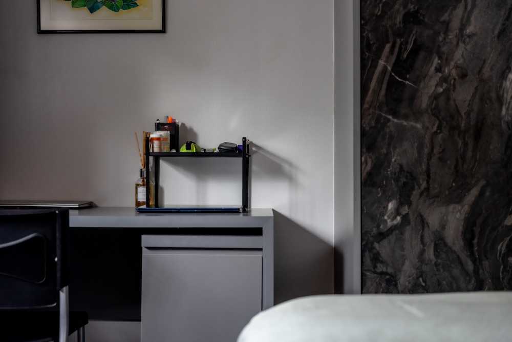 Modern Bedroom with Bookshelf and Platform Bed