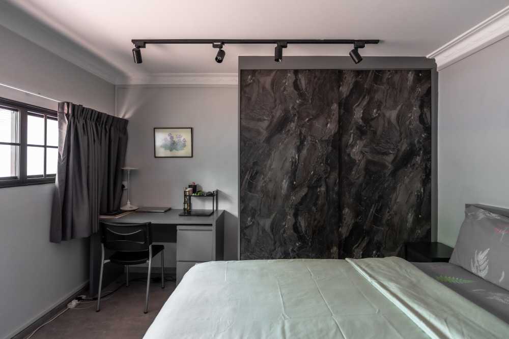 Modern Bedroom with Platform Bed and Vinyl Flooring