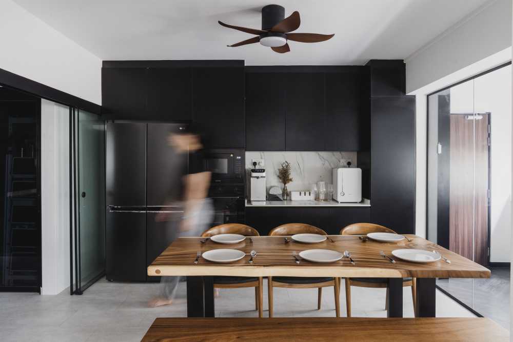Contemporary Kitchen with Glass Door and Ceiling Fan