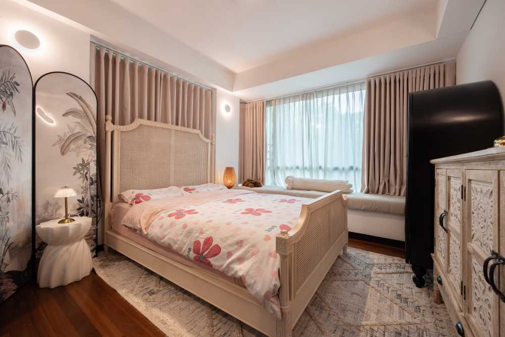 Transitional Bedroom with Bay Window and Carpet
