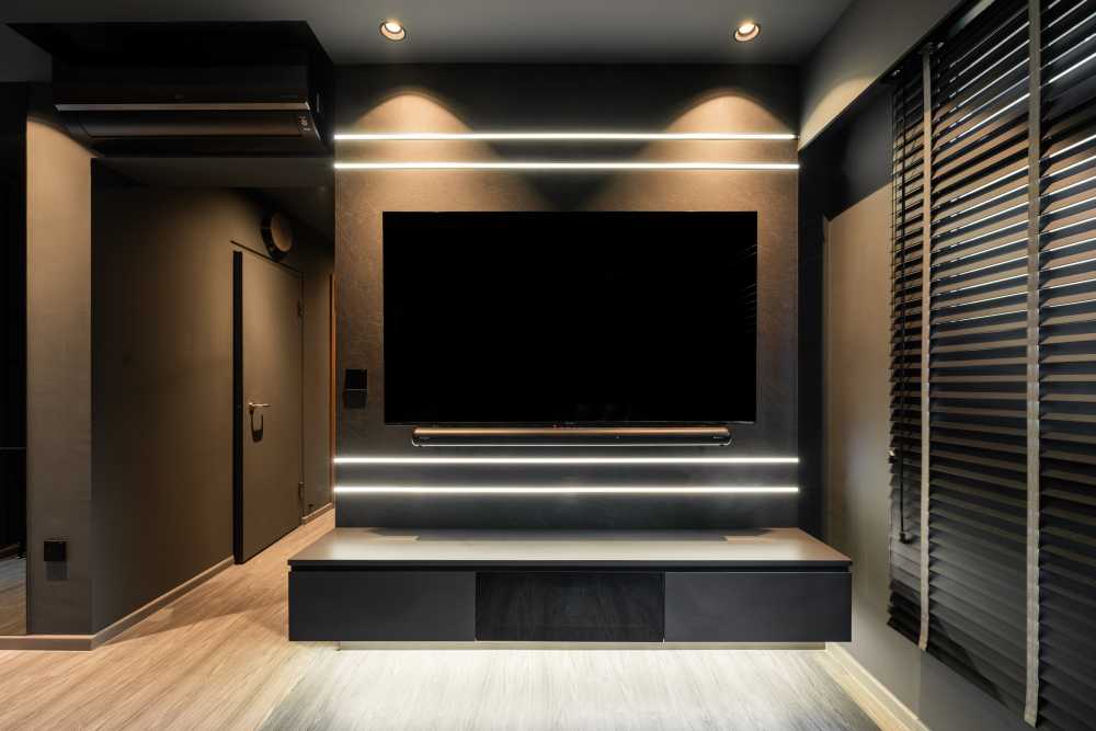 Industrial Living Room with TV Console and Cove Lighting
