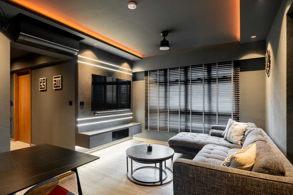 Industrial Living Room with TV Console and Feature Wall