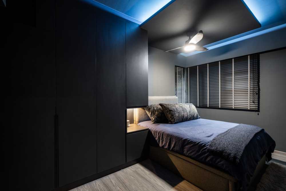 Industrial Bedroom with Vinyl Flooring and Wardrobe