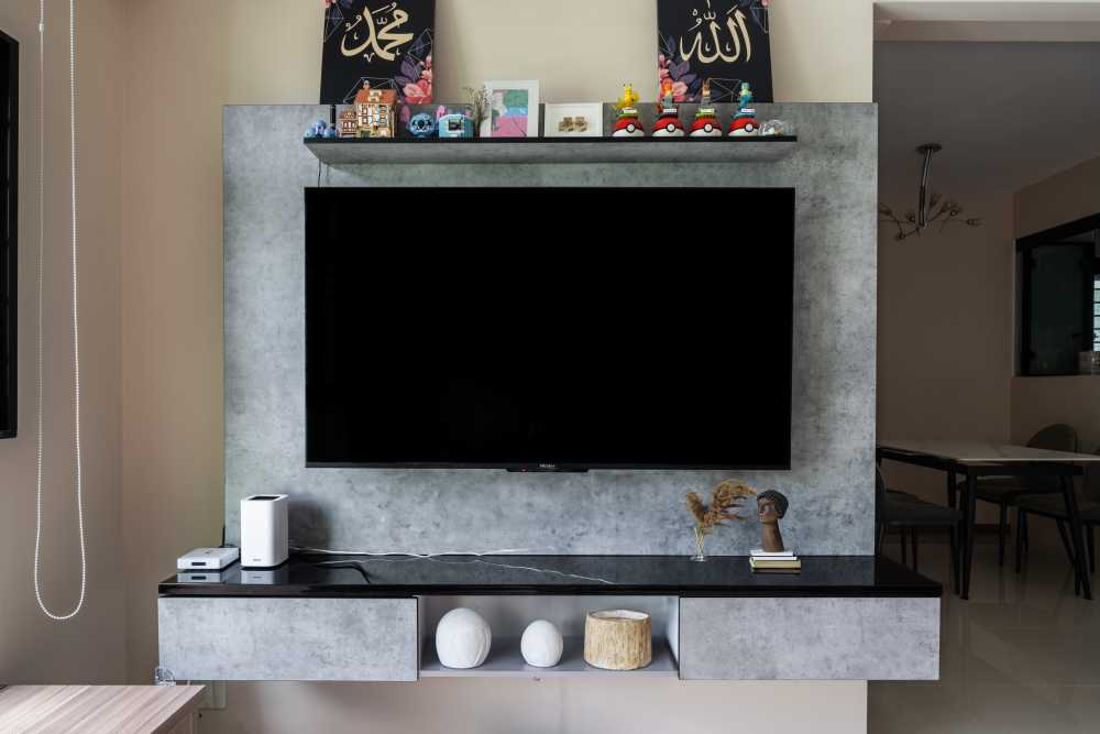 Contemporary Living Room with Herringbone Tiling and TV Console
