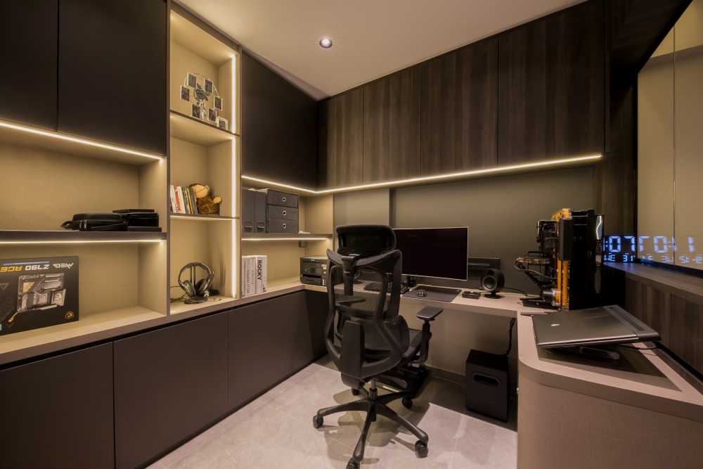 Contemporary Home Office with Bookshelf and Desk Chairs