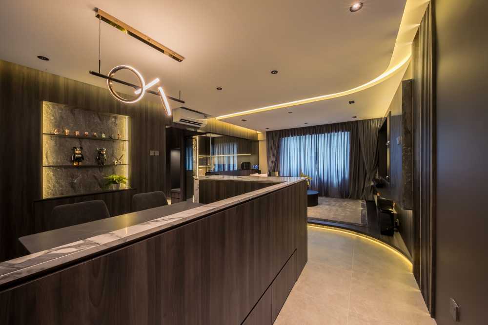 Contemporary Living Room with TV Console and Drop Light