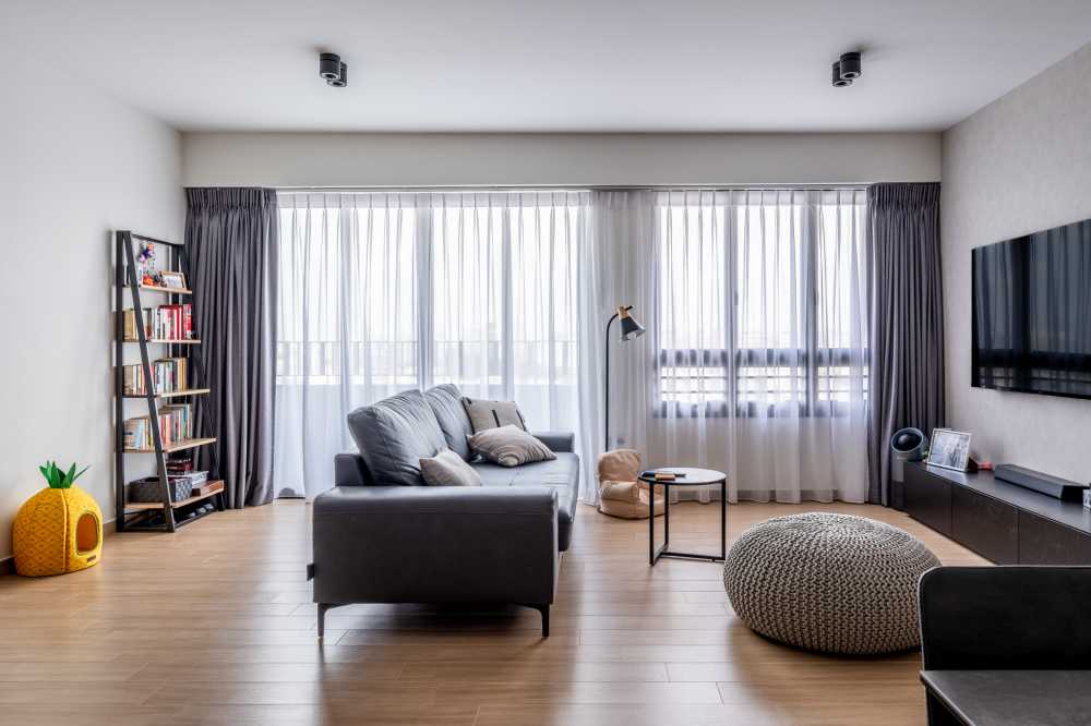 Modern Living Room with TV Console and Curtain