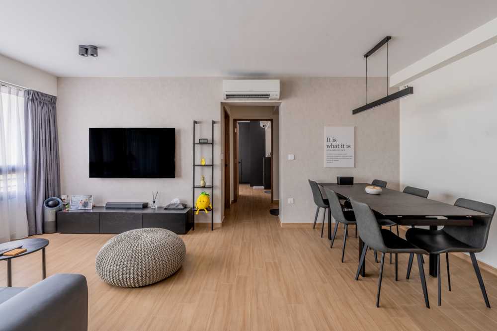 Modern Living Room with TV Console and Curtain