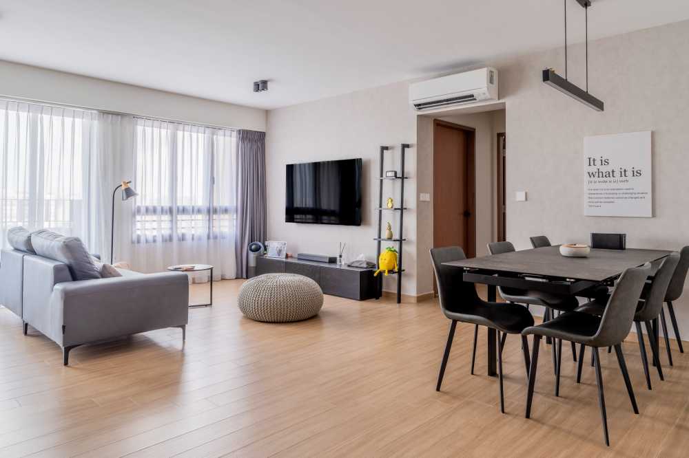 Modern Living Room with TV Console and Ceiling Light