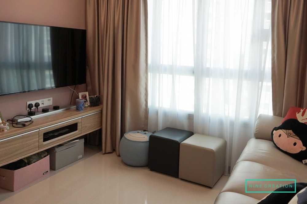 Contemporary Living Room with Homogeneous Tiles and TV Console