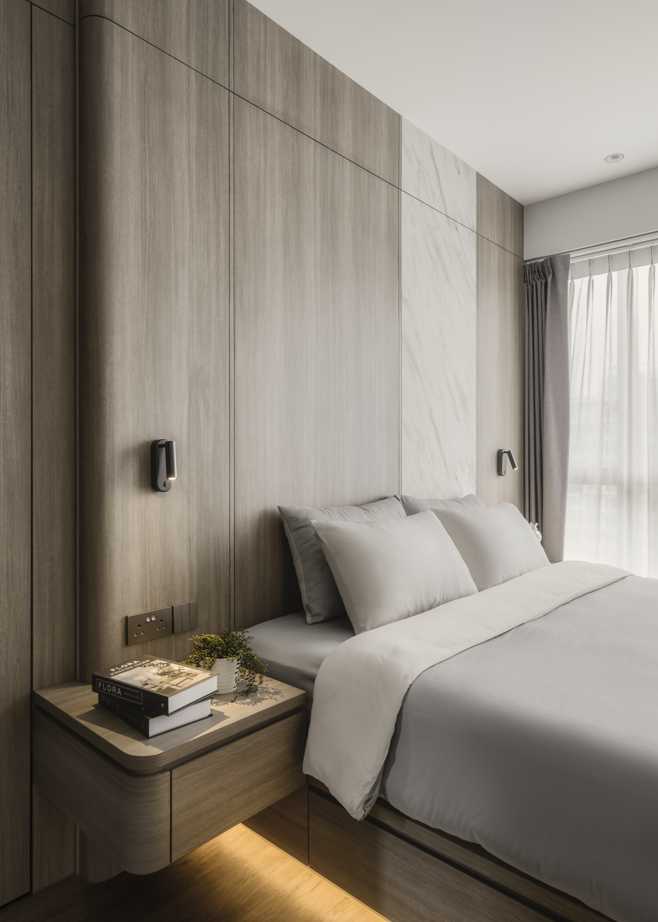 Modern Bedroom with Curtain and Bedside Table