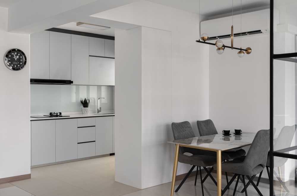 Contemporary Living Room with Ceiling Light and Dining Table