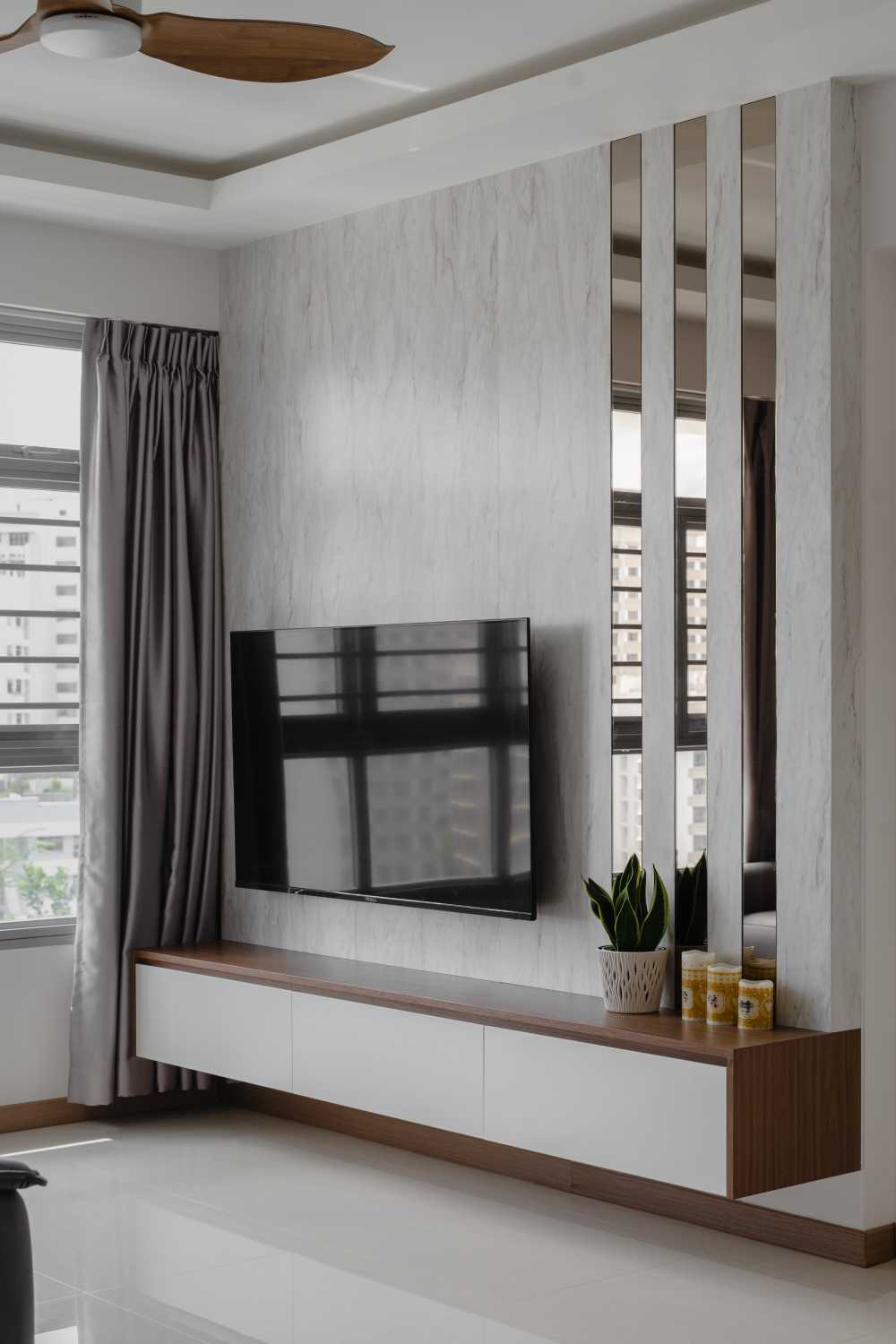Contemporary Living Room with TV Console and Mirror