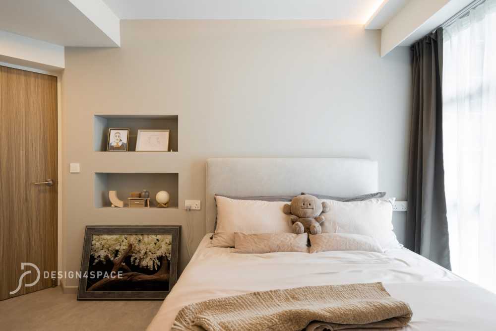 Scandinavian Bedroom with Wood Flooring and Cove Lighting