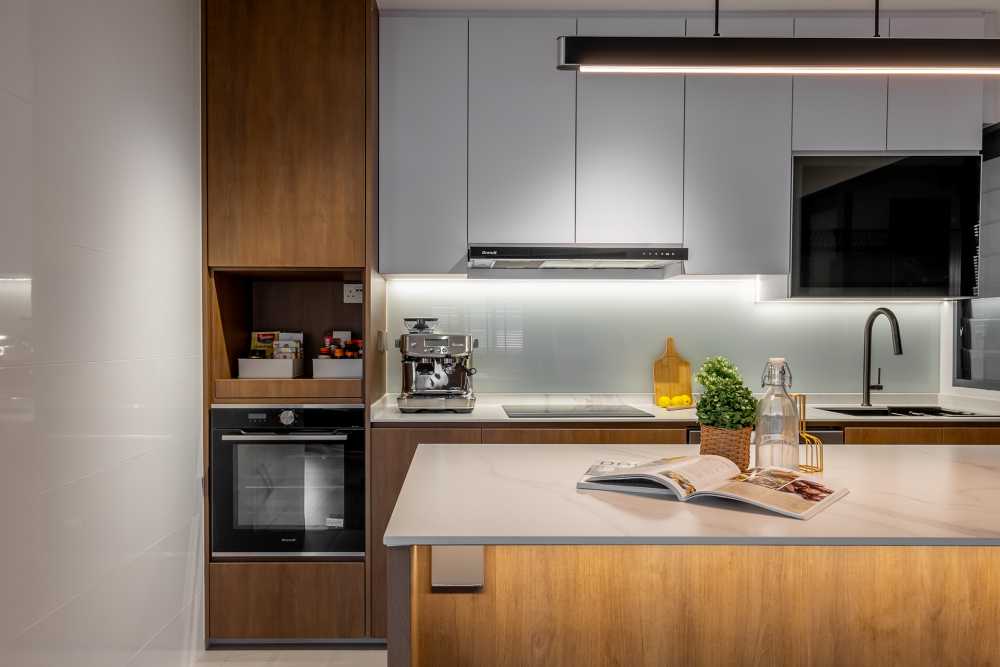 Contemporary Kitchen with Kitchen Window and Cupboard