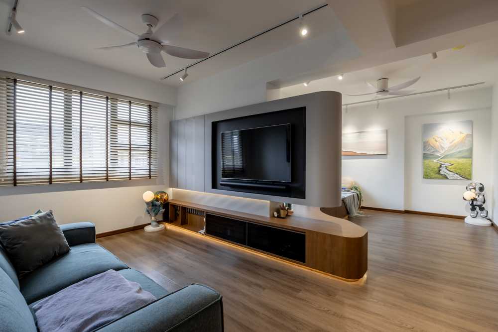 Contemporary Living Room with Vinyl Flooring and Feature Wall
