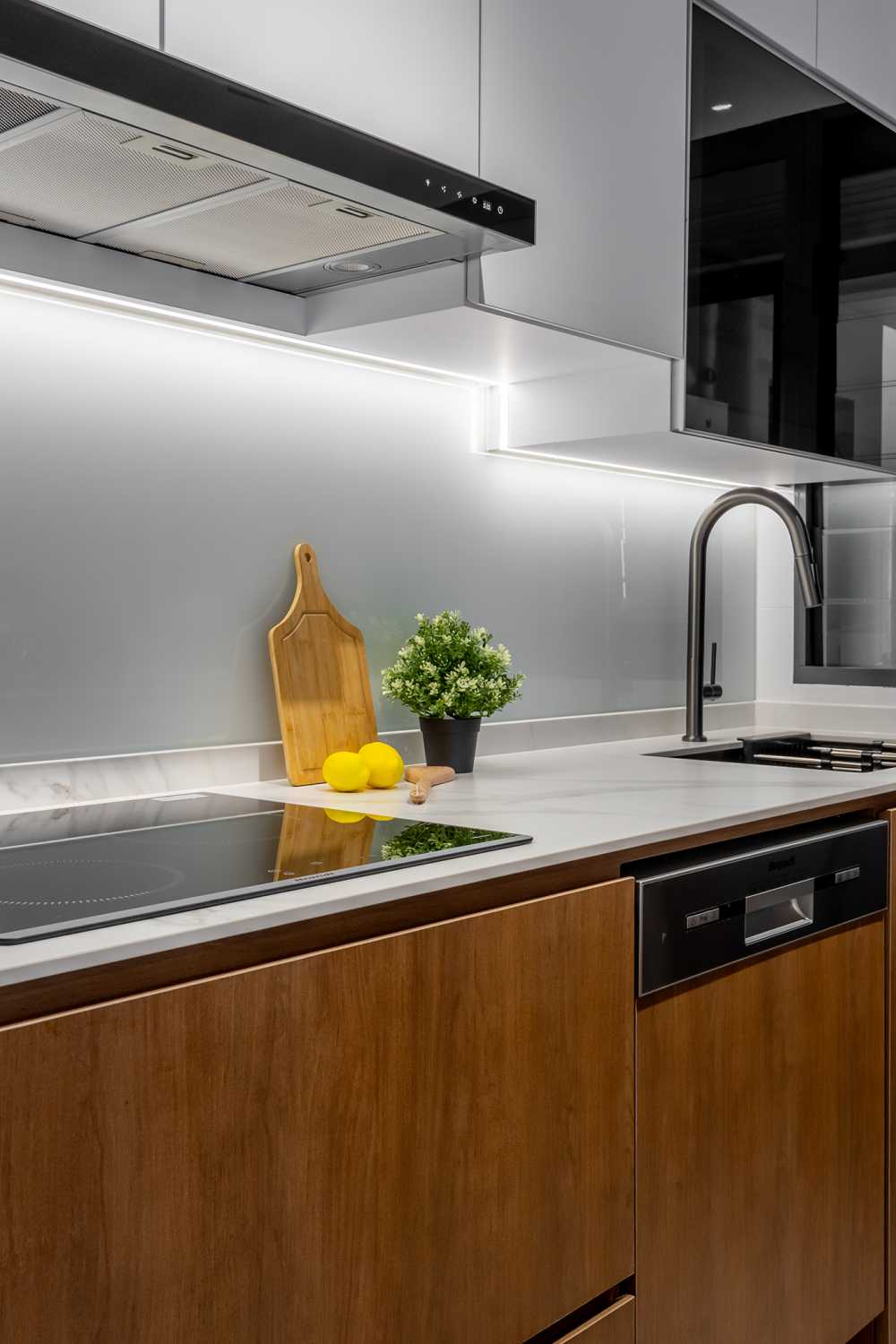 Contemporary Kitchen with Kitchen Window and Cupboard