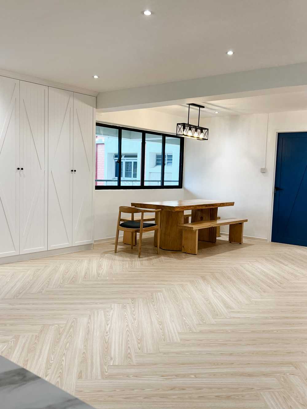 Country Living Room with Vinyl Flooring and Ceiling Light
