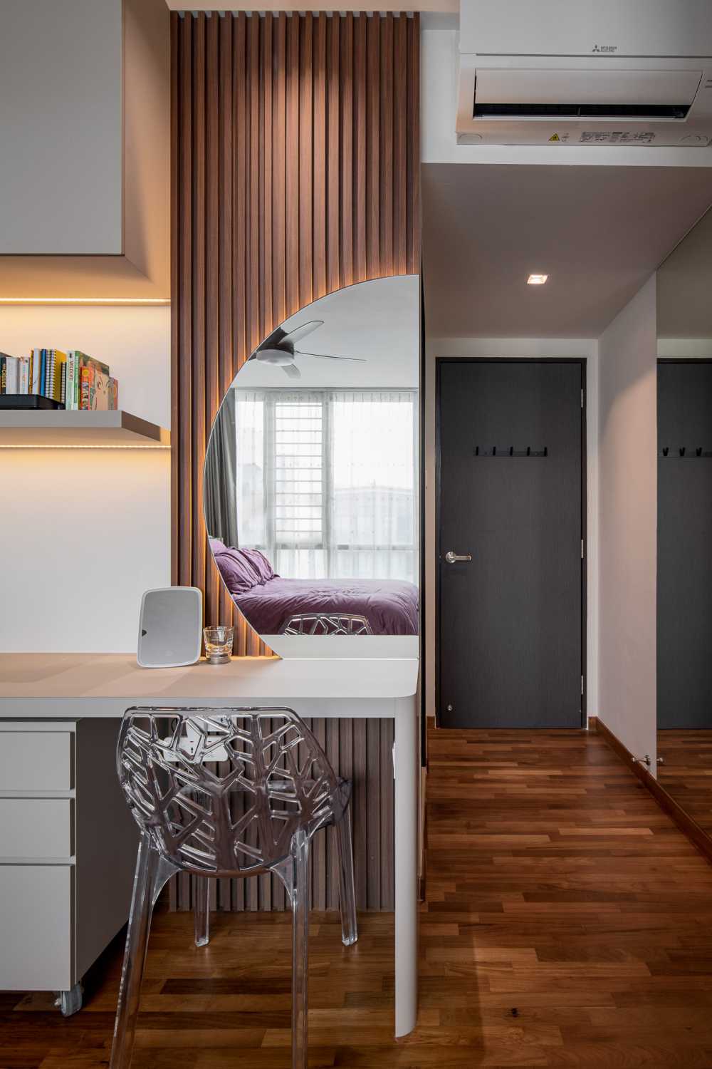 Modern Bedroom with Vinyl Flooring and Mirror