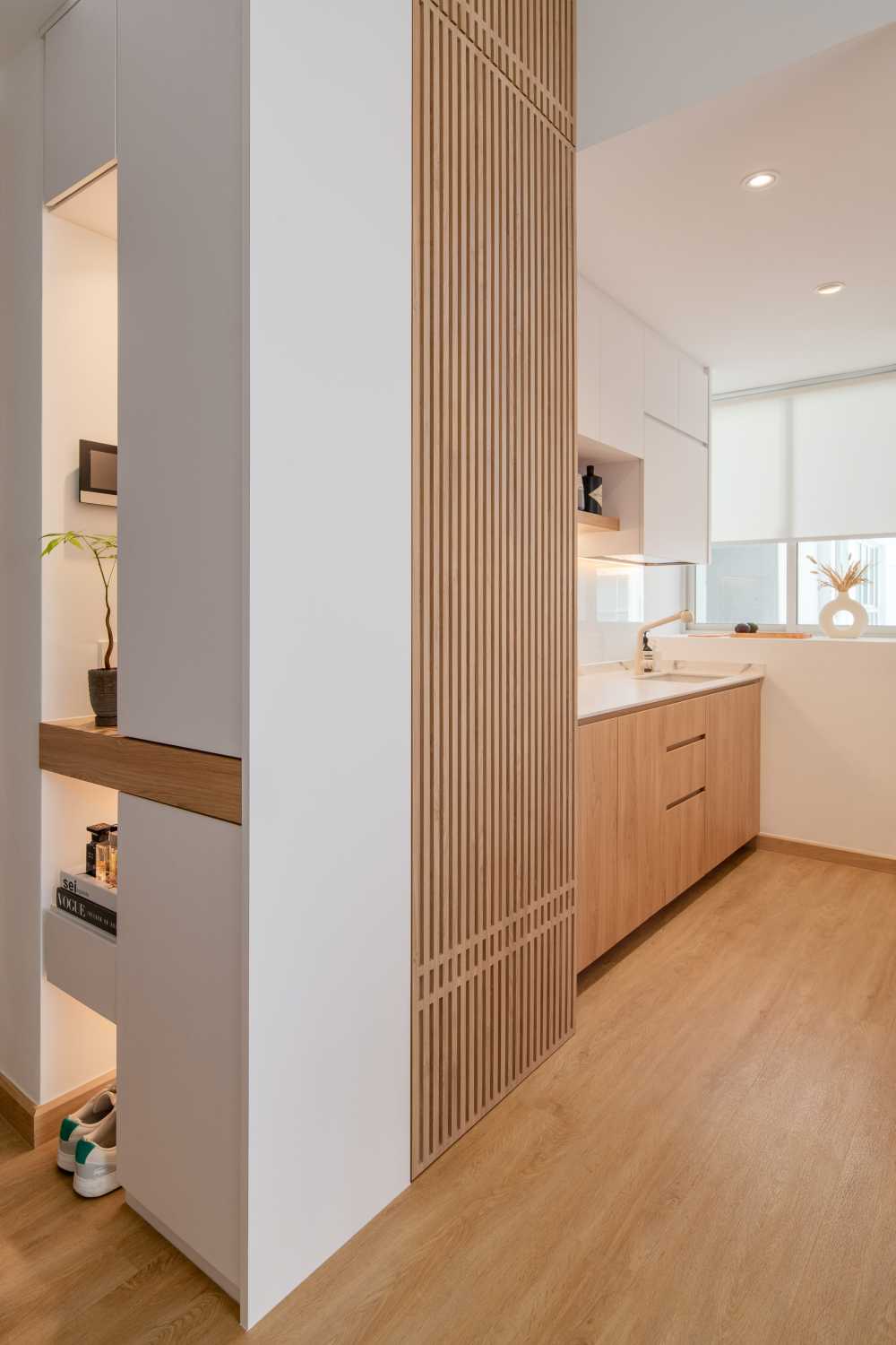 Scandinavian Kitchen with Countertop and Vinyl Flooring