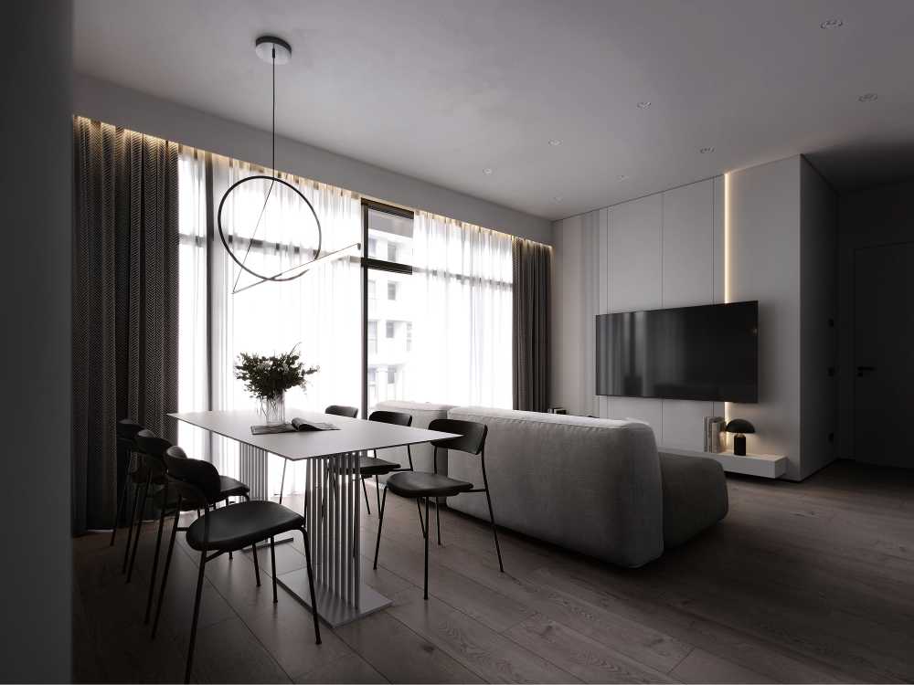Minimalist Living Room with Wood Flooring and Feature Wall