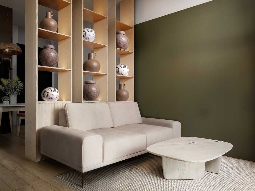 Scandinavian Living Room with Bookshelf and Sofa