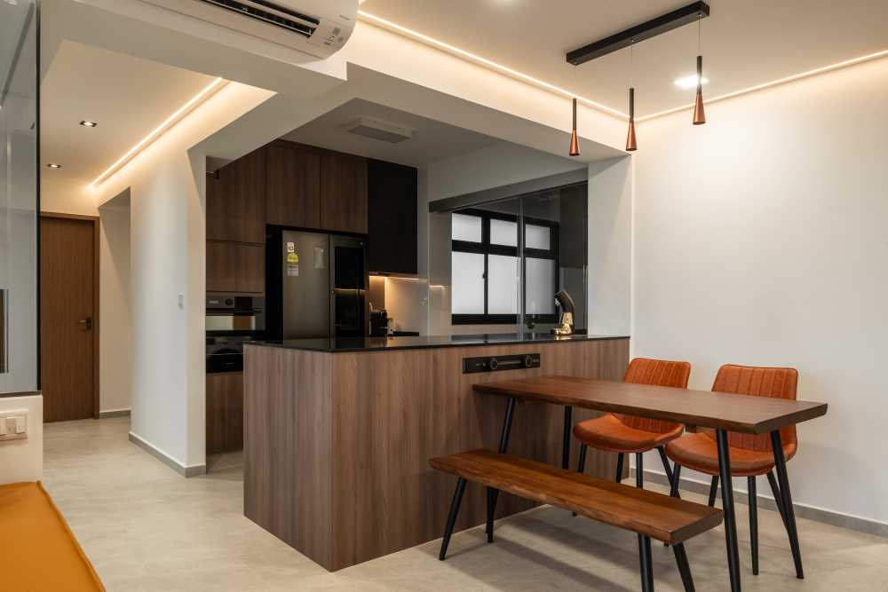 Industrial Kitchen with Herringbone Tiling and Wood Flooring