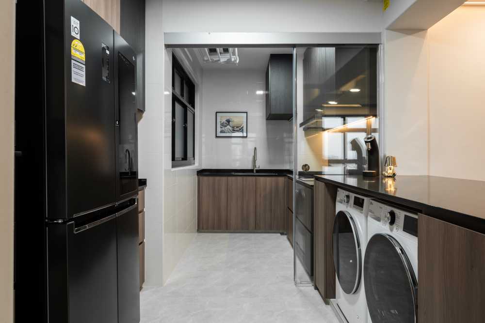 Industrial Kitchen with Granite Floor and Kitchen Window