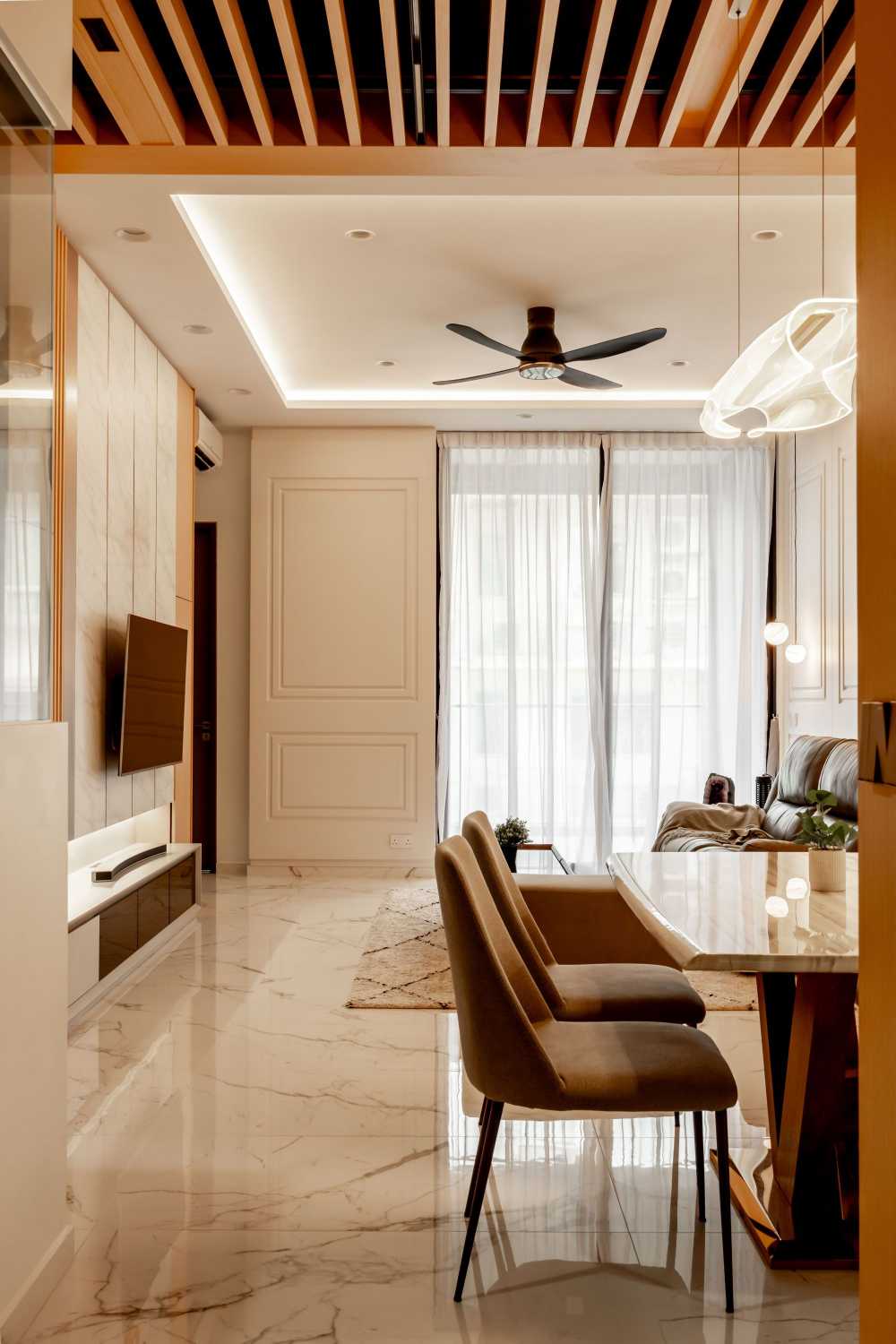 Contemporary Living Room with TV Console and Ceiling Light