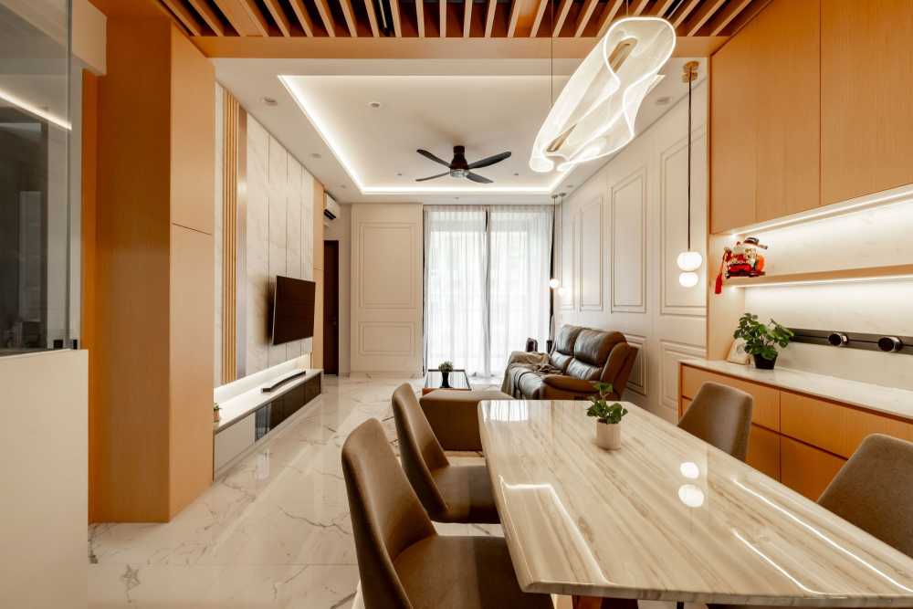 Contemporary Living Room with TV Console and Downlights
