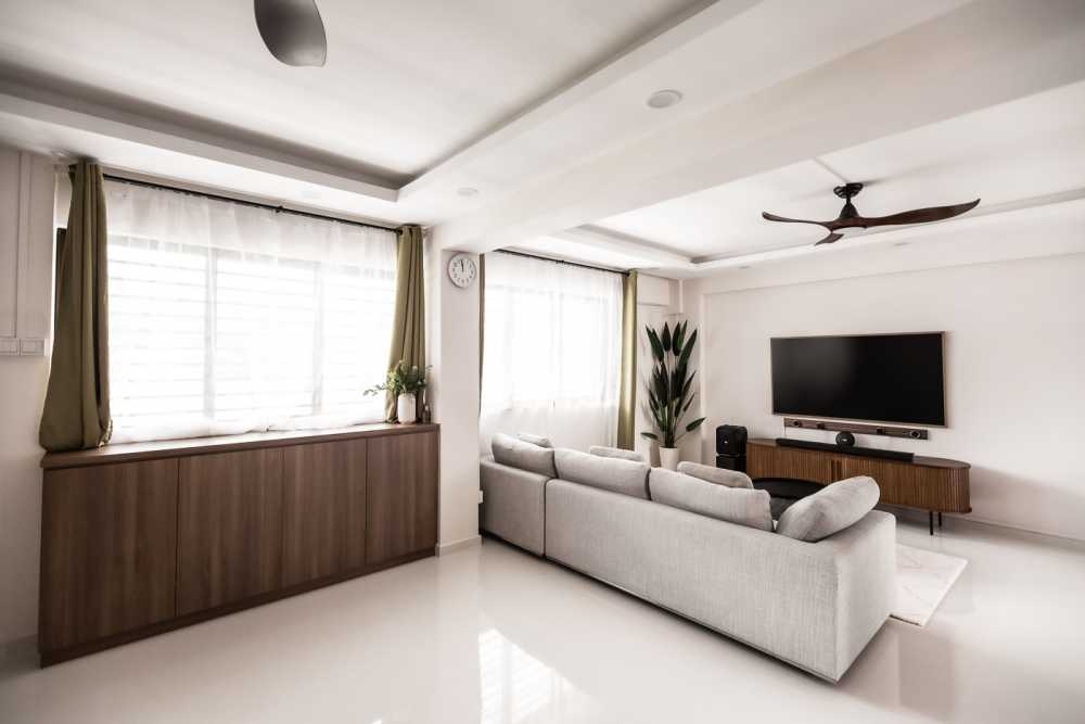 Modern Living Room with TV Console and Bay Window