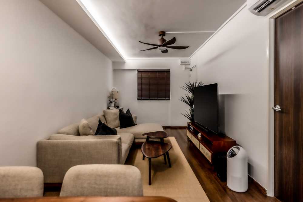 Modern Living Room with TV Console and Cove Lighting