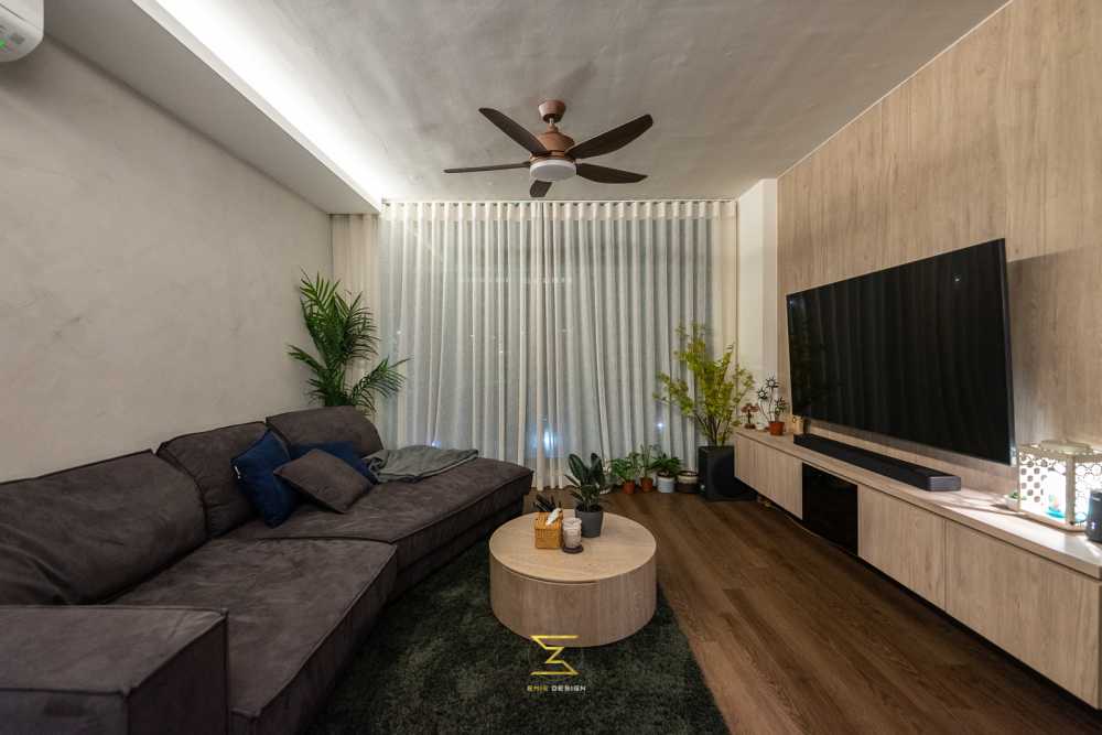 Industrial Living Room with Vinyl Flooring and Feature Wall