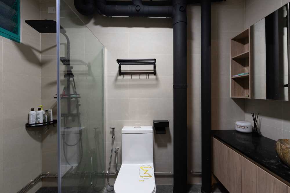 Industrial Bathroom with Homogeneous Tiles and Mirror