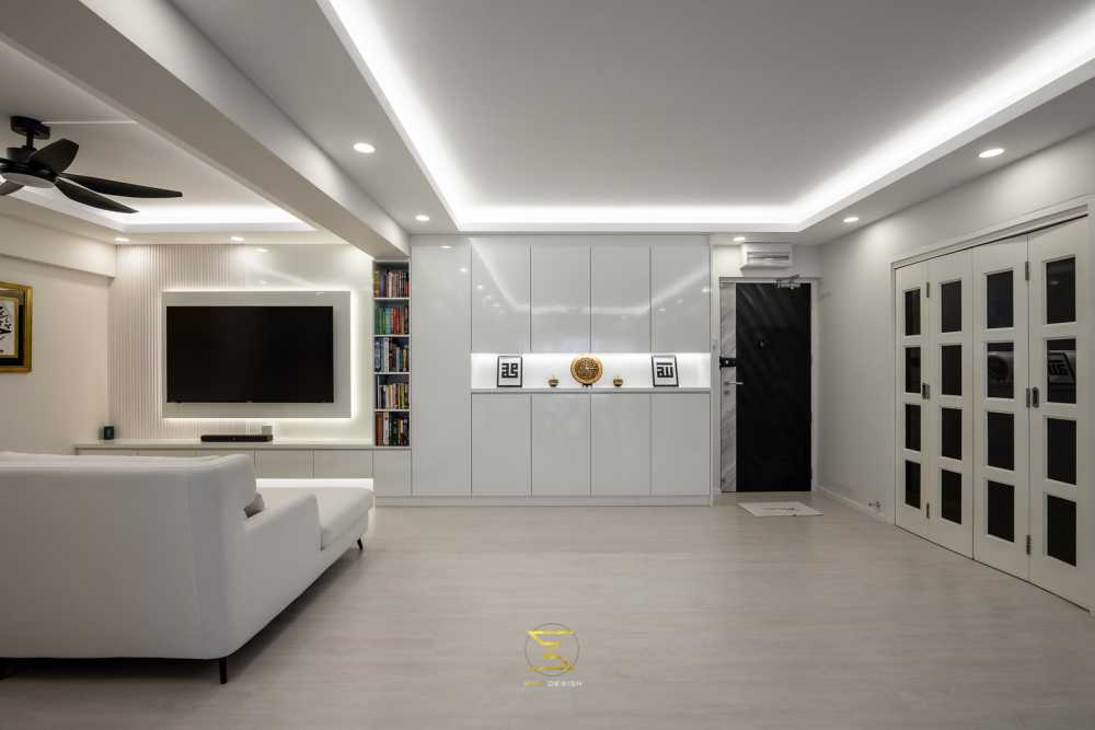 Contemporary Living Room with Bookshelf and Vinyl Flooring