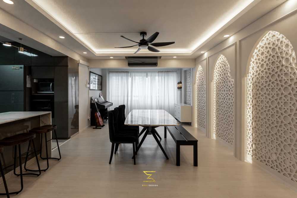 Contemporary Dining Room with Cove Lighting and Ceiling Light