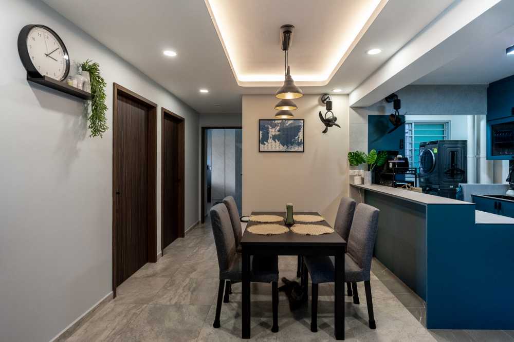 Contemporary Dining Room with Cove Lighting and Downlights