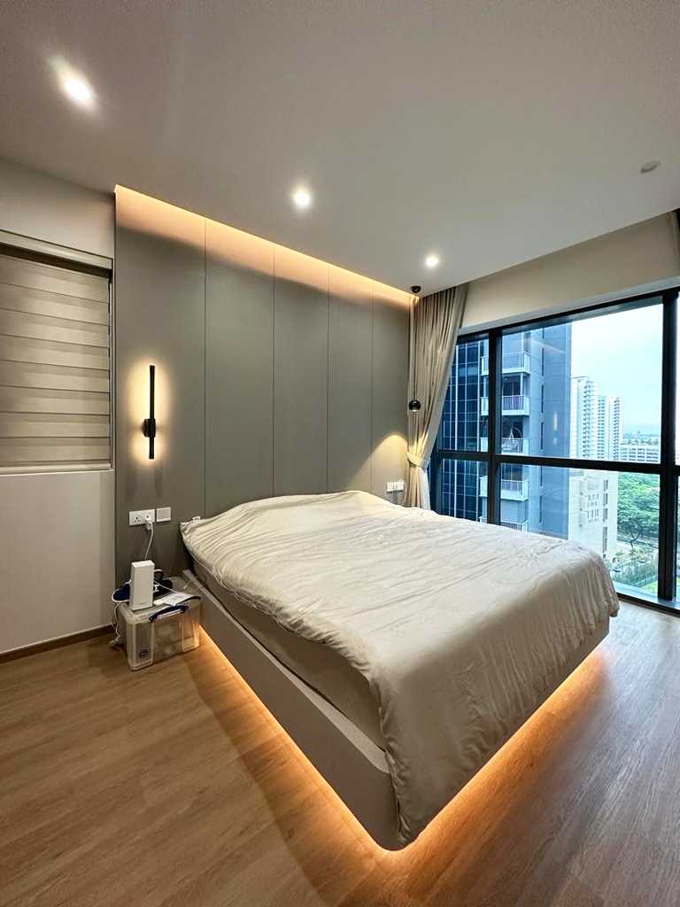 Scandinavian Bedroom with Ceiling Light and Bed