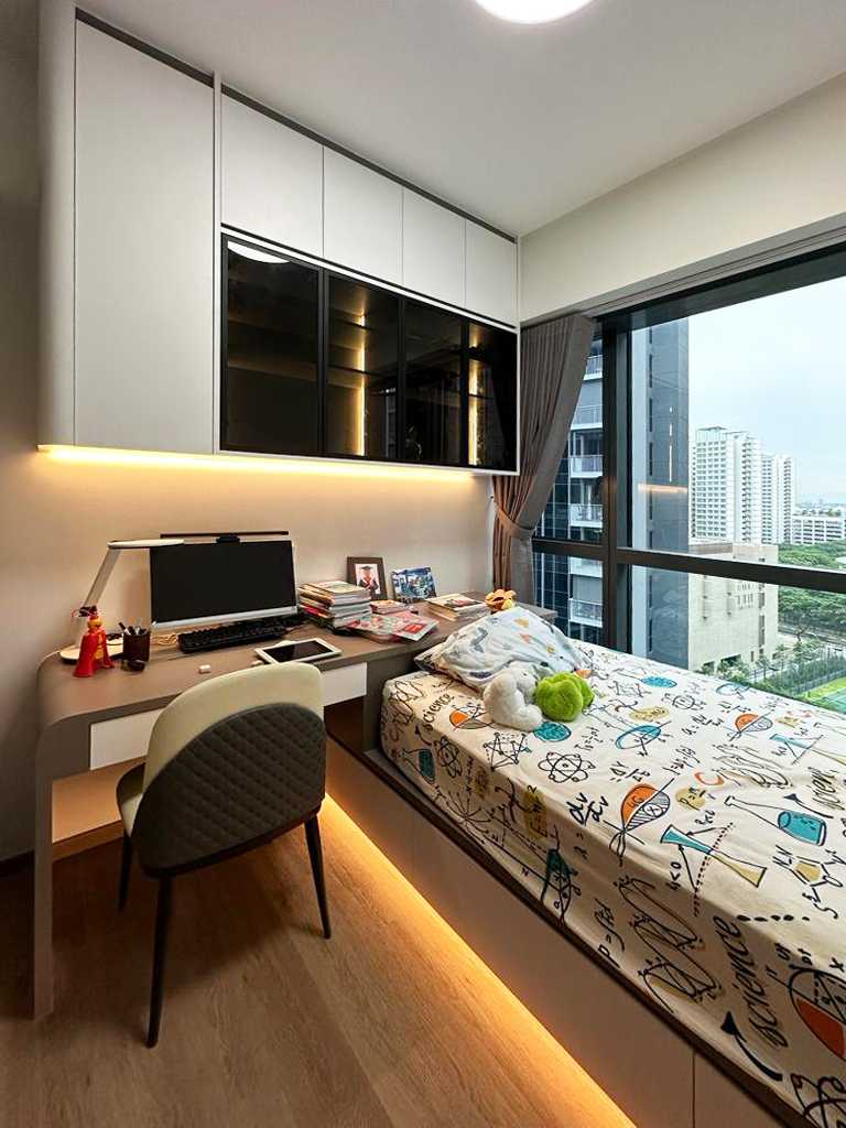 Scandinavian Bedroom with Flooring and Bed