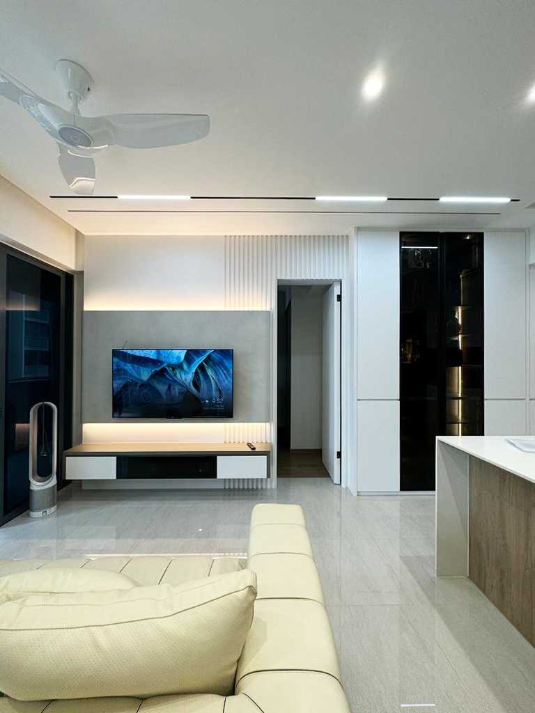 Scandinavian Living Room with Marble Floor and TV Console
