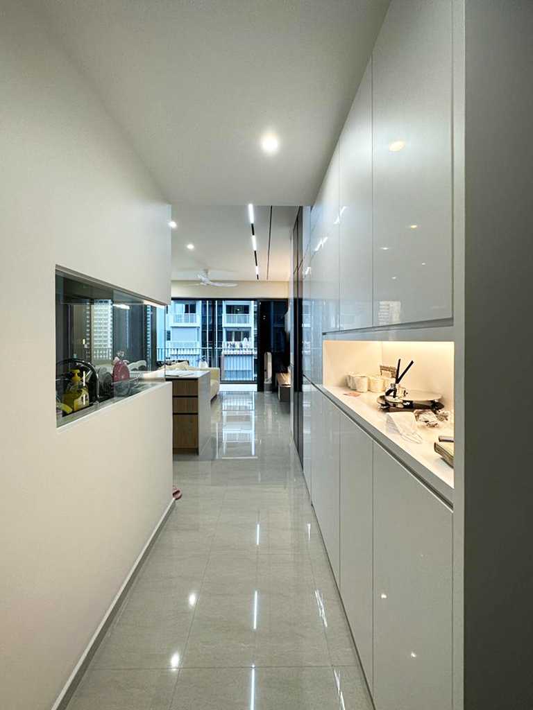 Scandinavian Foyer with Sofa and Display Cabinets