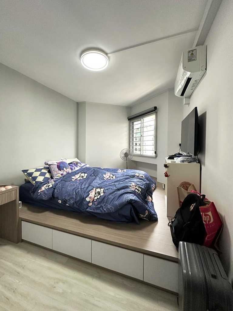 Scandinavian Bedroom with Wood Flooring and Wardrobe