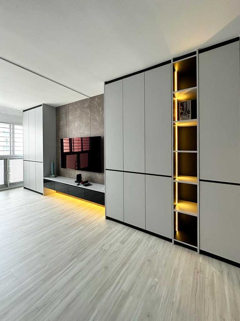 Scandinavian Living Room with Wood Flooring and TV Console